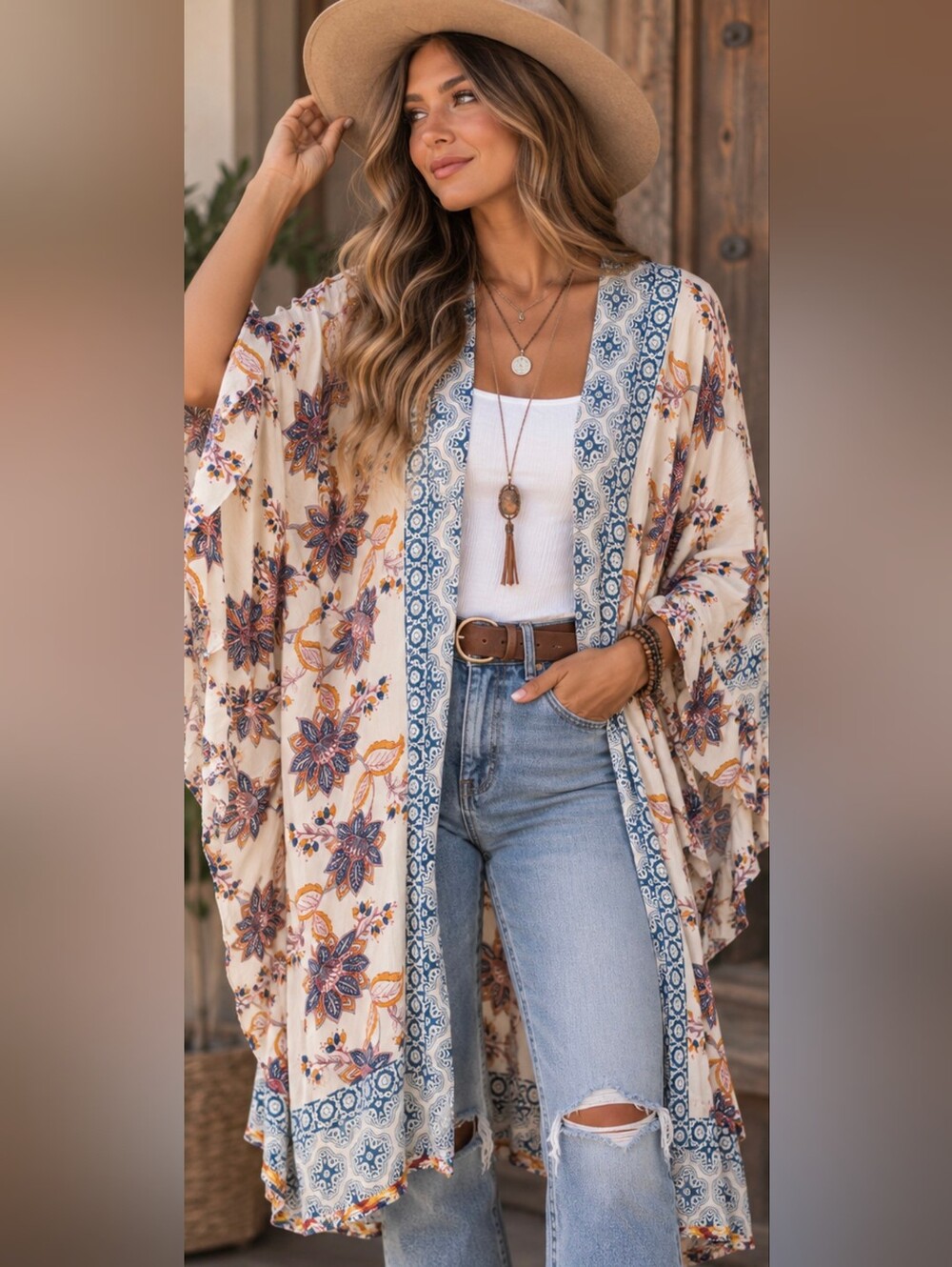 Angie Floral Boho Kimono Cardigan Blue Orange Print Dramatic Sleeves Western